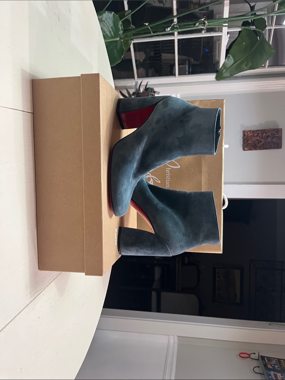 Christian Louboutin Teal Suede Ankle Booties with Red Sole